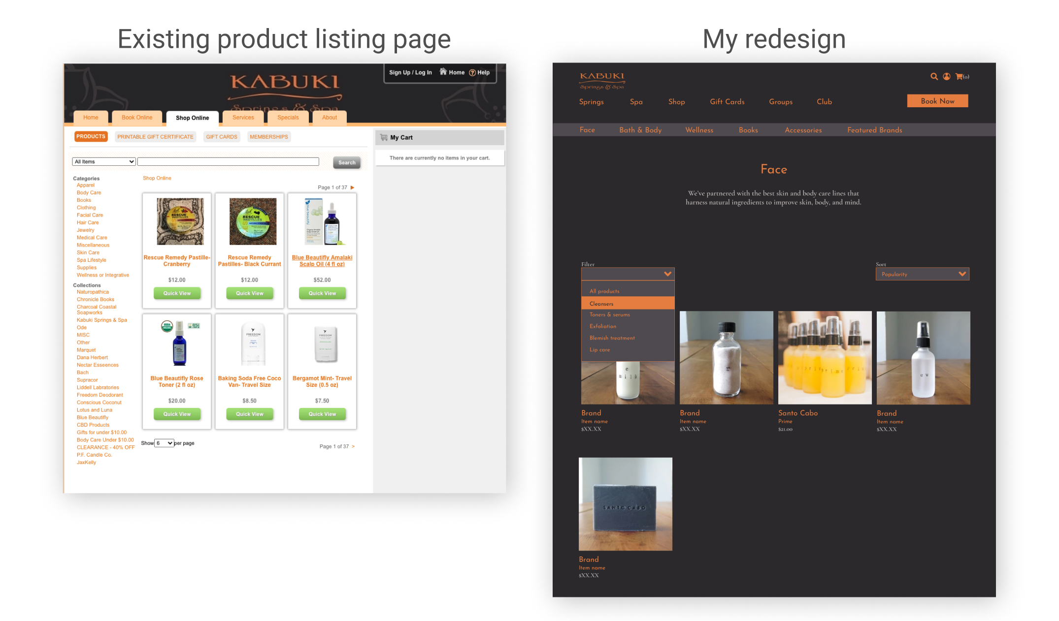 side by side comparison of the existing product listing page and my redesign