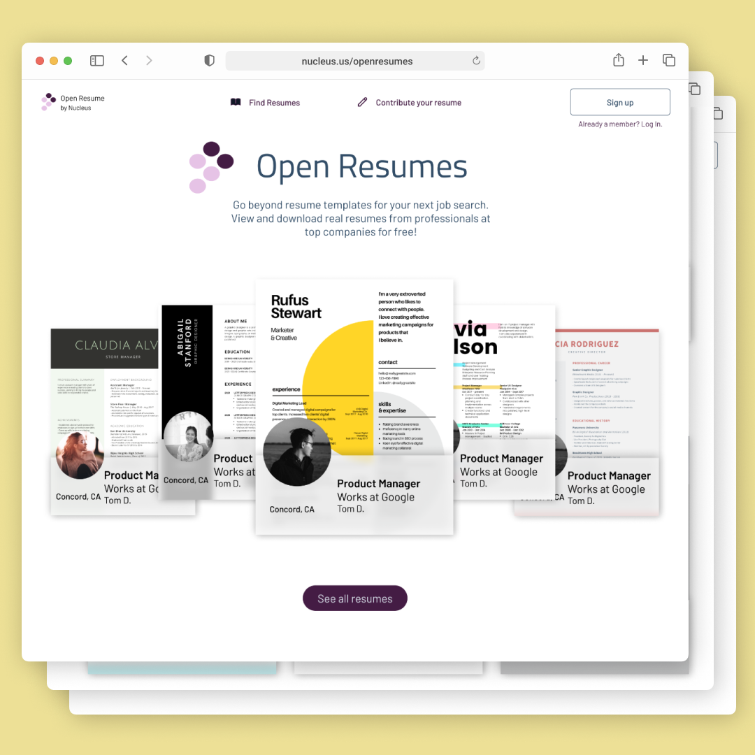 safari browser showing the Open Resumes homepage