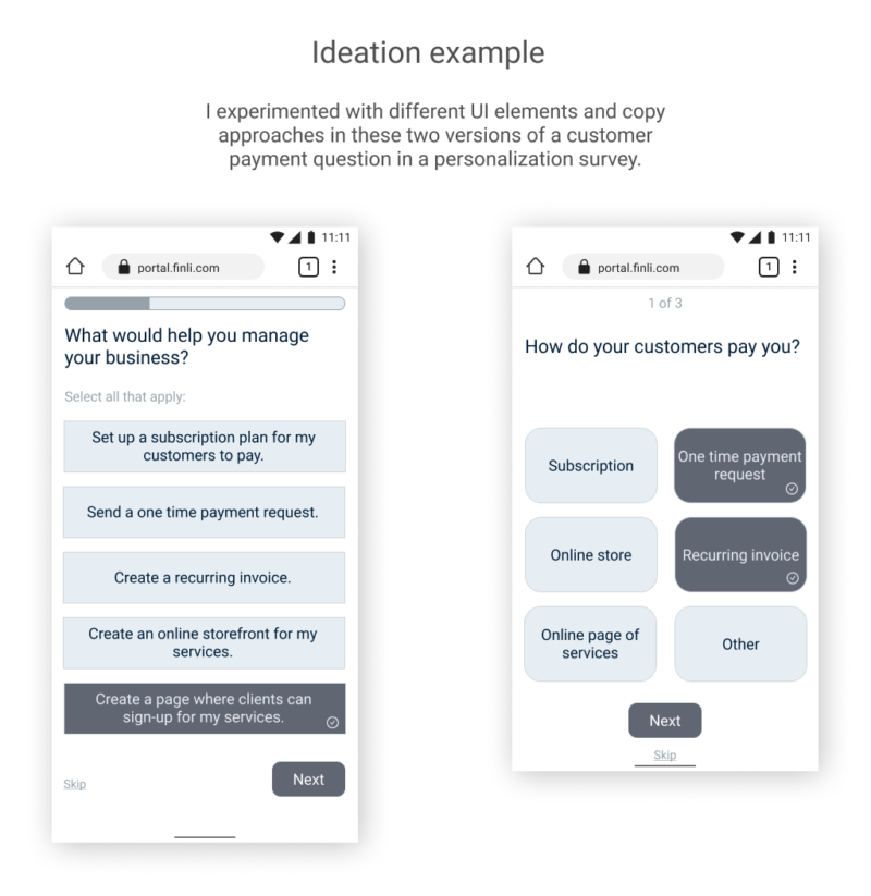 comparison of two onboarding survey lo-fi wireframes